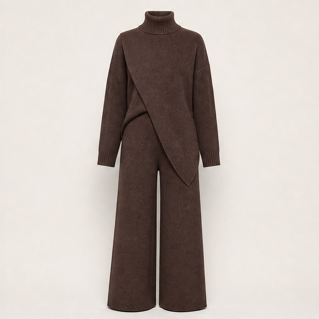 Noemi Asymmetric Knit Set – Turtleneck Wrap Top and Wide-Leg Trousers Brown