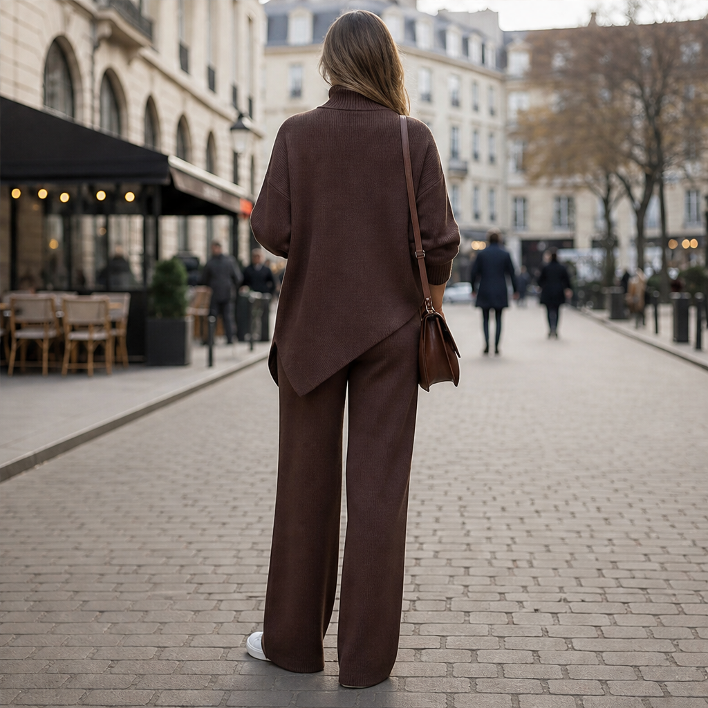 Noemi Asymmetric Knit Set – Turtleneck Wrap Top and Wide-Leg Trousers Brown