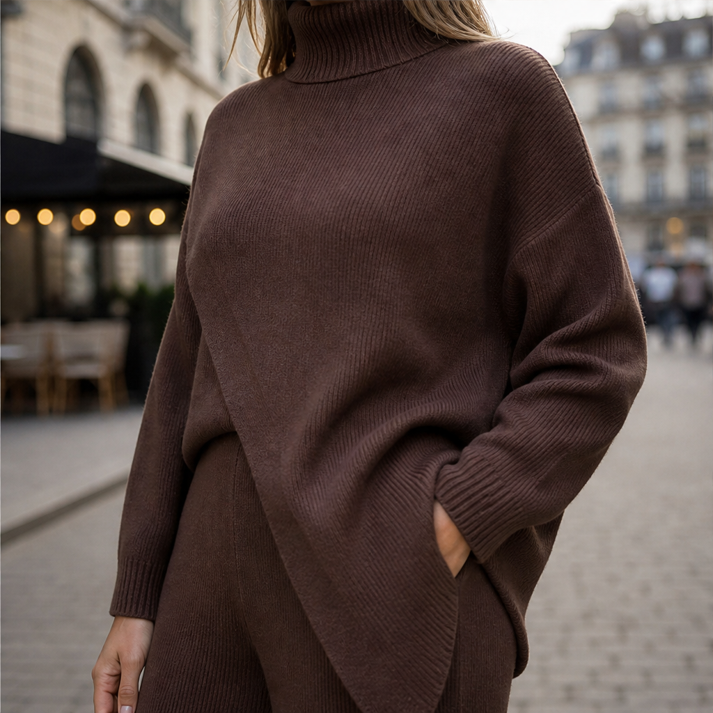Noemi Asymmetric Knit Set – Turtleneck Wrap Top and Wide-Leg Trousers Brown