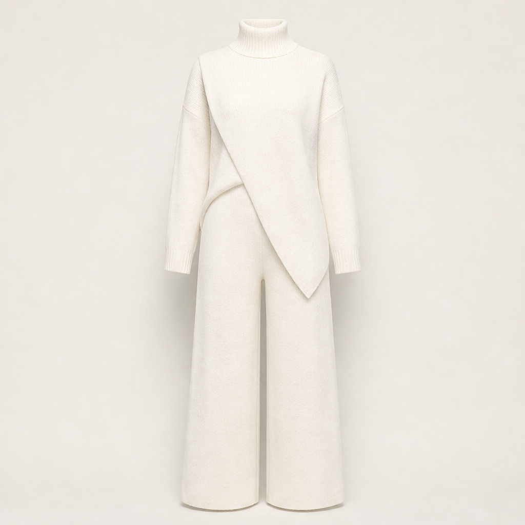 Noemi Asymmetric Knit Set – Turtleneck Wrap Top and Wide-Leg Trousers Cream