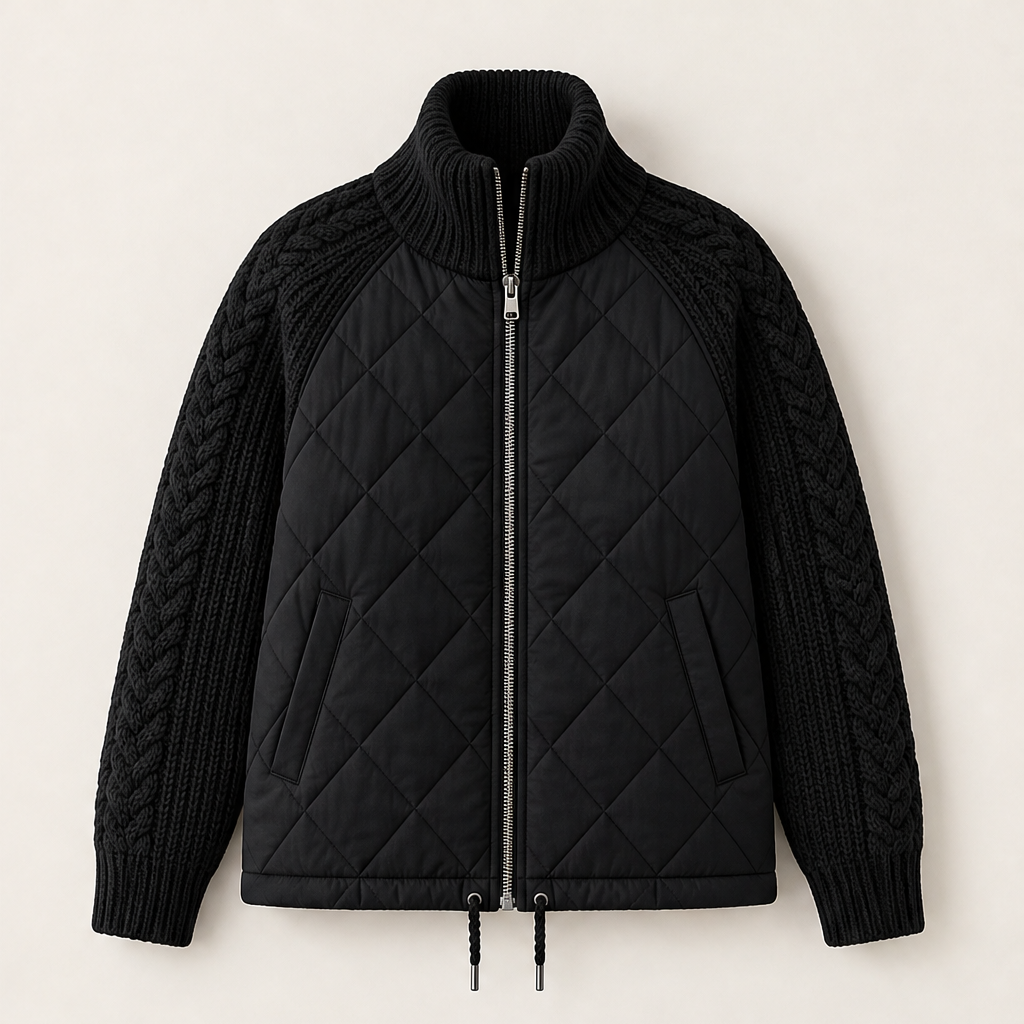 Dorvelli | Nordic Cable Puffer Jacket – Knit Sleeve Diamond Quilted Zip – Black