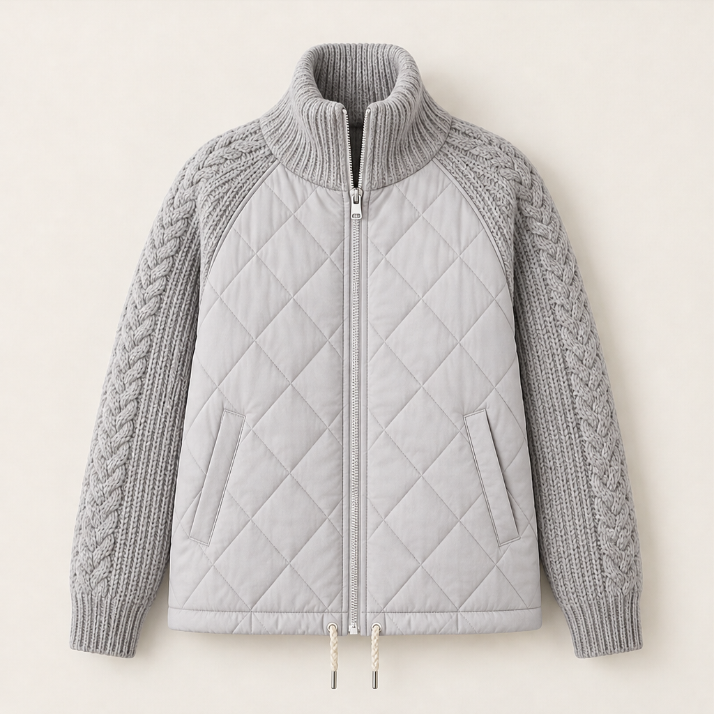 Dorvelli | Nordic Cable Puffer Jacket – Knit Sleeve Diamond Quilted Zip – Grey
