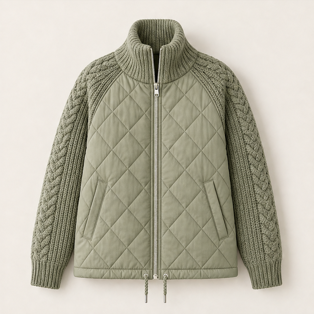 Dorvelli | Nordic Cable Puffer Jacket – Knit Sleeve Diamond Quilted Zip – Olive