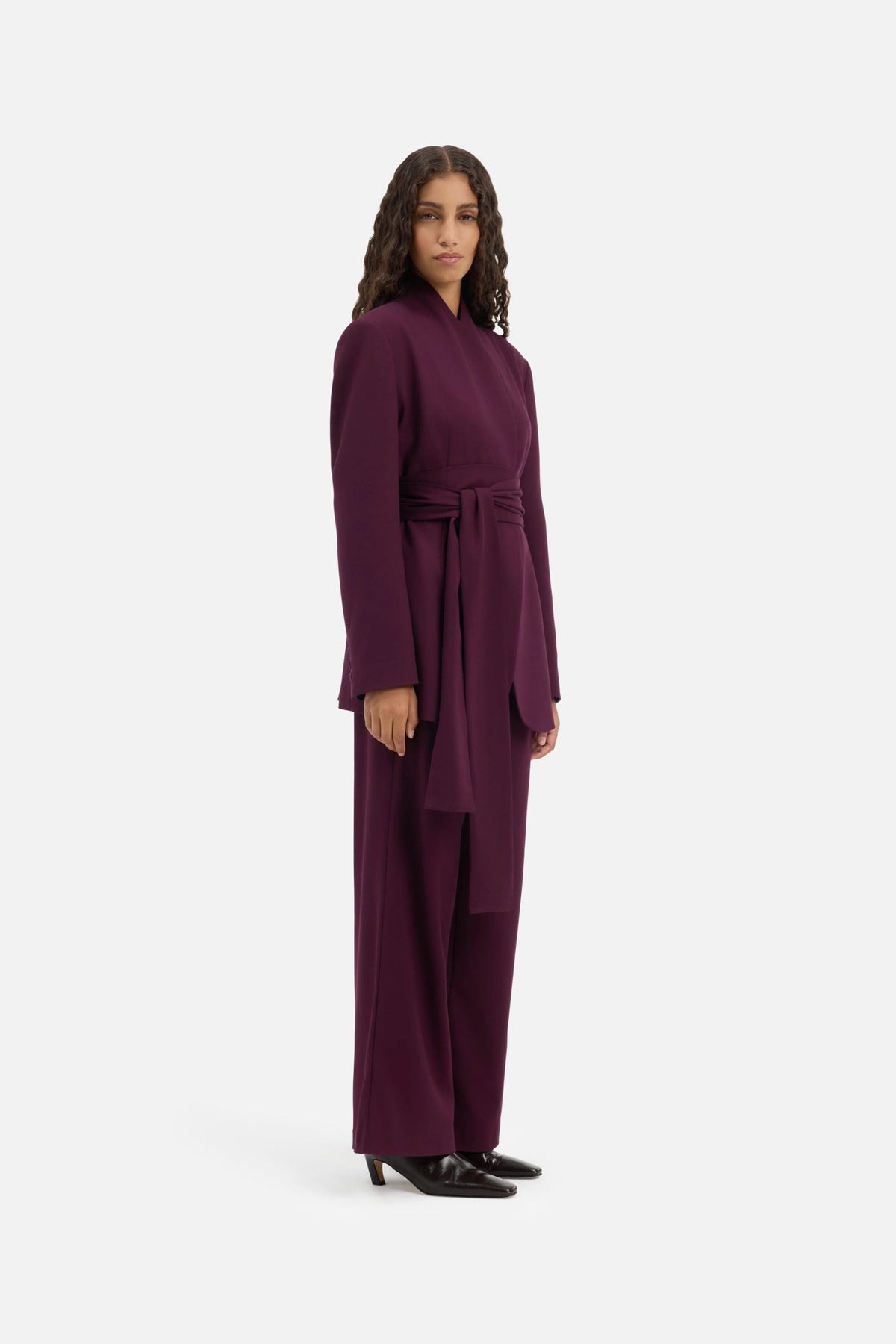 Odalie Wrap Belt Longline Blazer – Burgundy