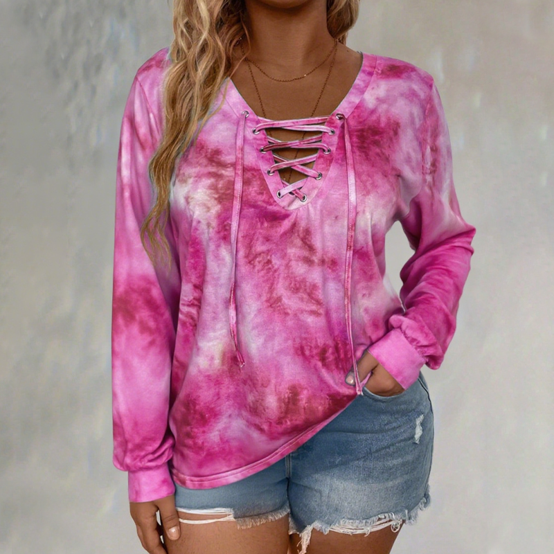 Odalys Tie-Dye Lace-Up V-Neck Top – Casual Printed Everyday Tee – Pink