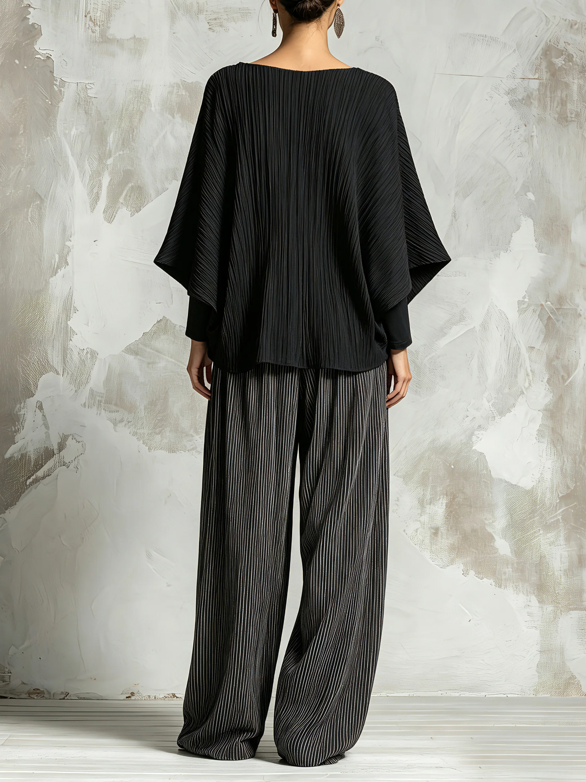 Odessa Pleated Two-Piece Set – Batwing Top and Wide-Leg Trousers – Black