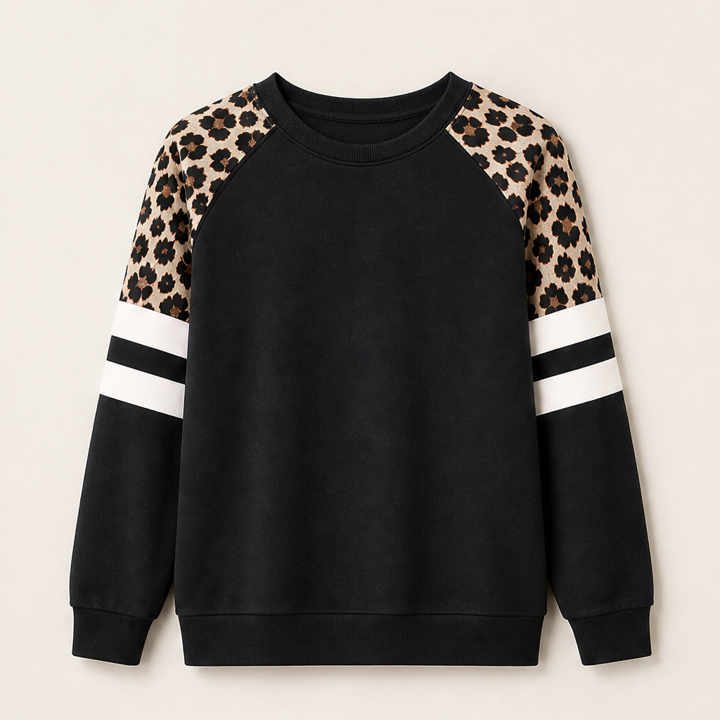 Odette Leopard Raglan Sweatshirt – Colour Block Crew Neck Striped Sleeve – Black
