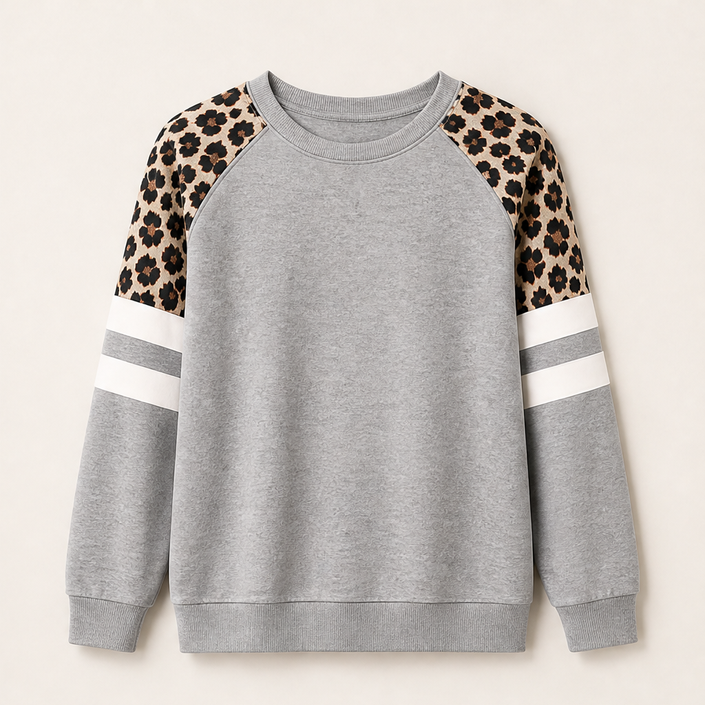 Odette Leopard Raglan Sweatshirt – Colour Block Crew Neck Striped Sleeve – Grey