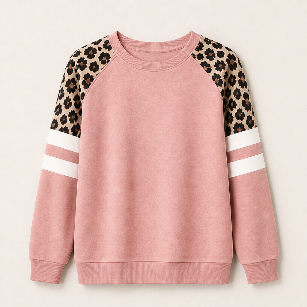 Odette Leopard Raglan Sweatshirt – Colour Block Crew Neck Striped Sleeve – Pink