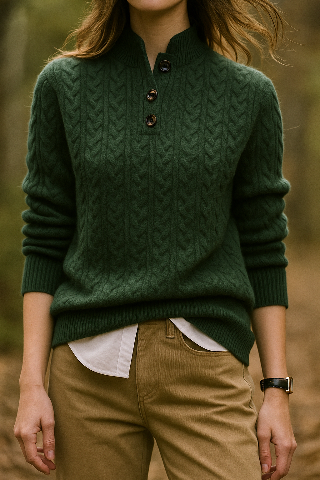 Orlaith Cable Knit Button Neck Sweater – Women's Stand Collar Henley Jumper