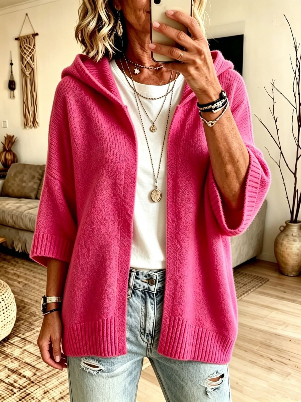 Ottilie Hooded Open-Front Knit Cardigan Rose Red