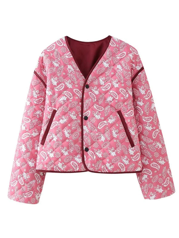 Primrose Paisley Quilted Jacket – Contrast Binding V-Neck Button Down | Dorvelli