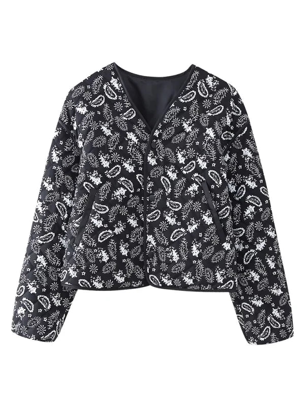 Primrose Paisley Quilted Jacket – Contrast Binding V-Neck Button Down | Dorvelli