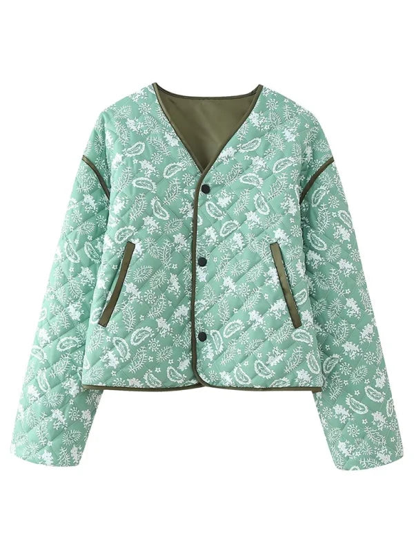 Primrose Paisley Quilted Jacket – Contrast Binding V-Neck Button Down | Dorvelli