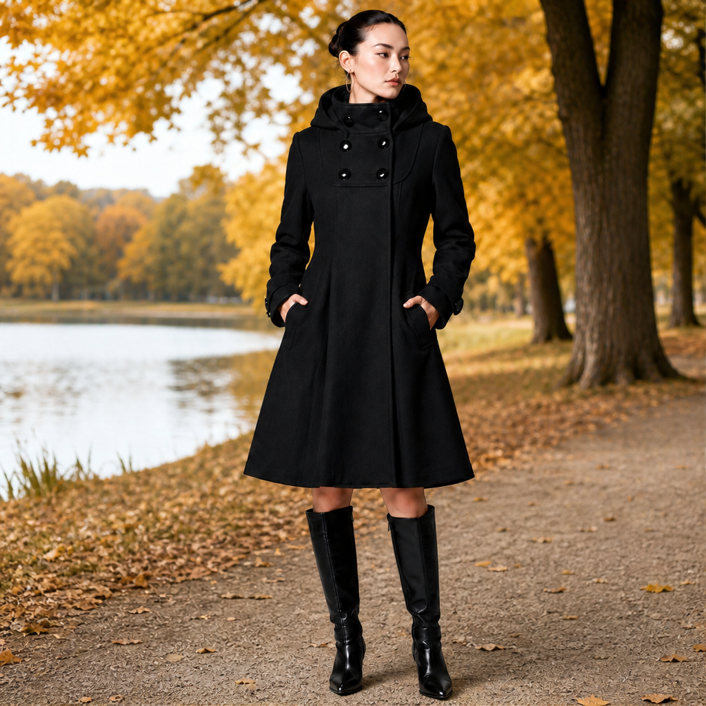 Dorvelli | Ravenna Hooded Swing Coat – Double-Breasted Bib Knee Length