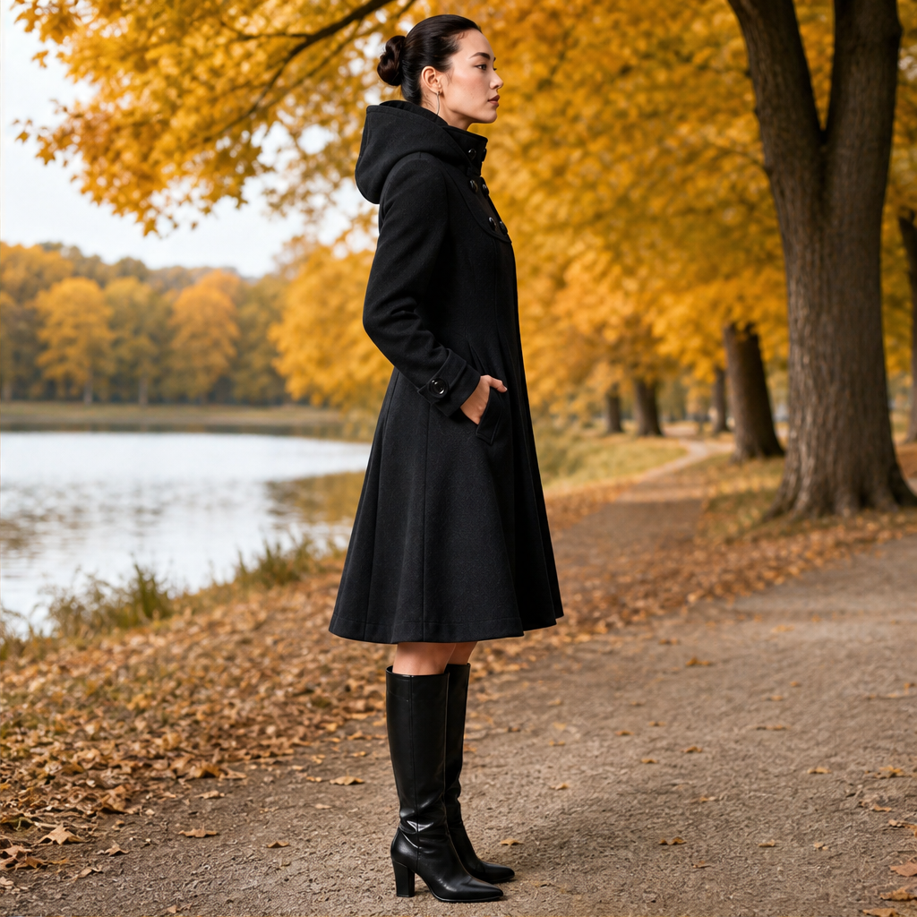 Dorvelli | Ravenna Hooded Swing Coat – Double-Breasted Bib Knee Length