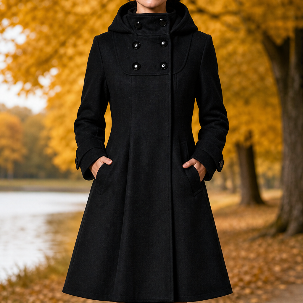 Dorvelli | Ravenna Hooded Swing Coat – Double-Breasted Bib Knee Length – Black