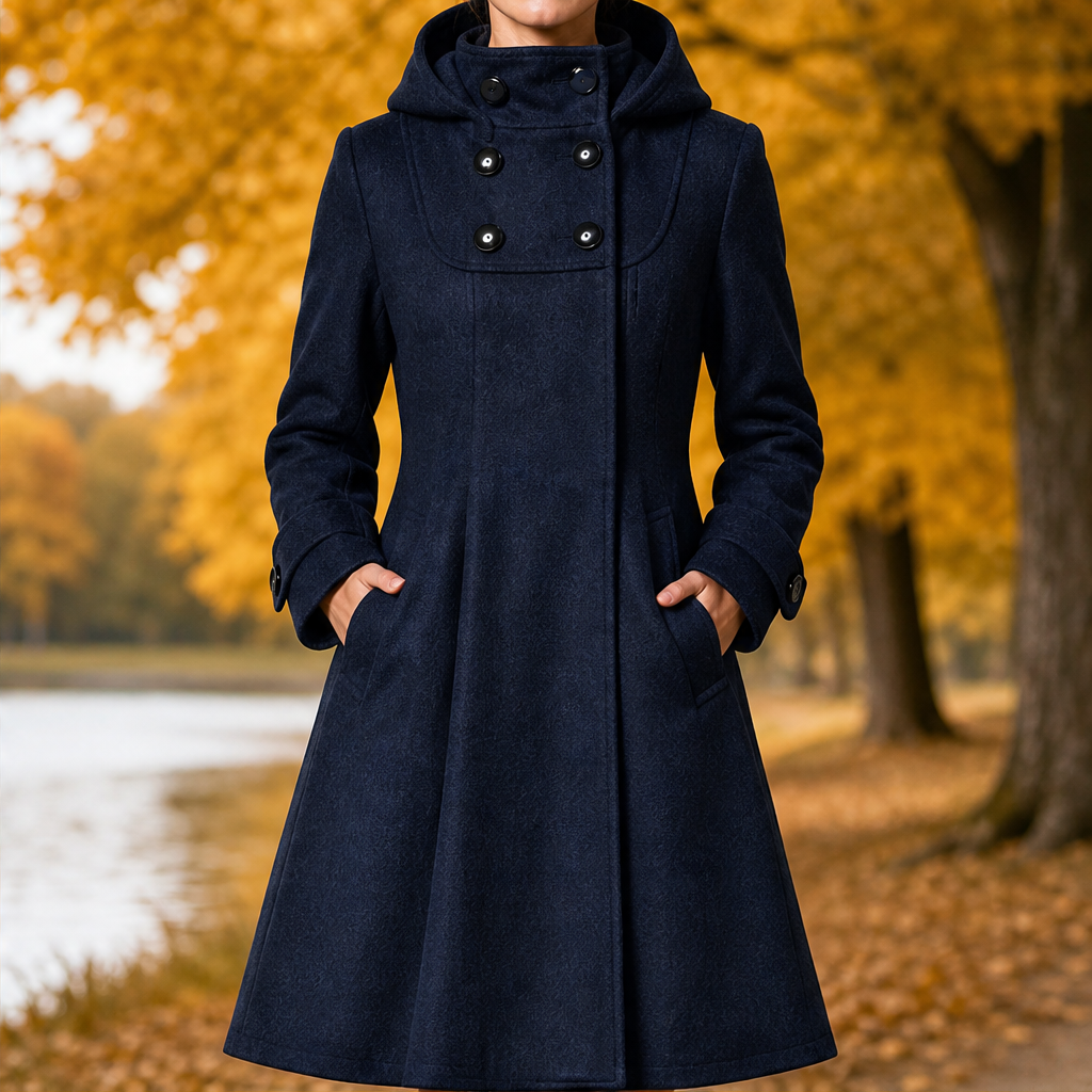 Dorvelli | Ravenna Hooded Swing Coat – Double-Breasted Bib Knee Length – Navy