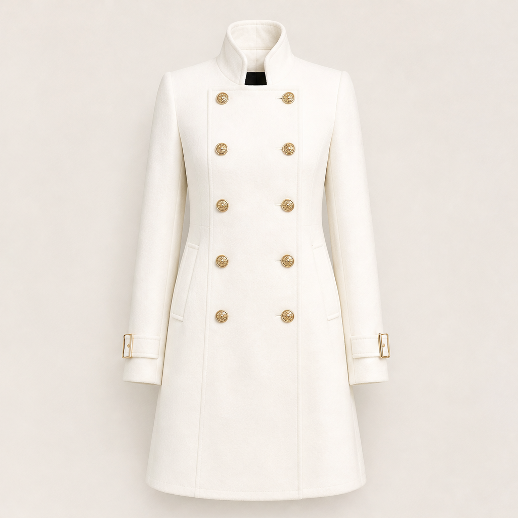 Dorvelli | Regent Military Coat – Mandarin Collar Double-Breasted Cuff Tab – White