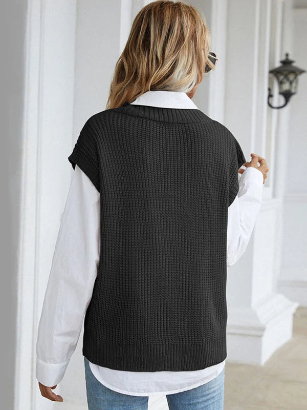 Romilly Waffle Knit V-Neck Jumper – Cap Sleeves Ribbed Neckline Regular Fit | Dorvelli