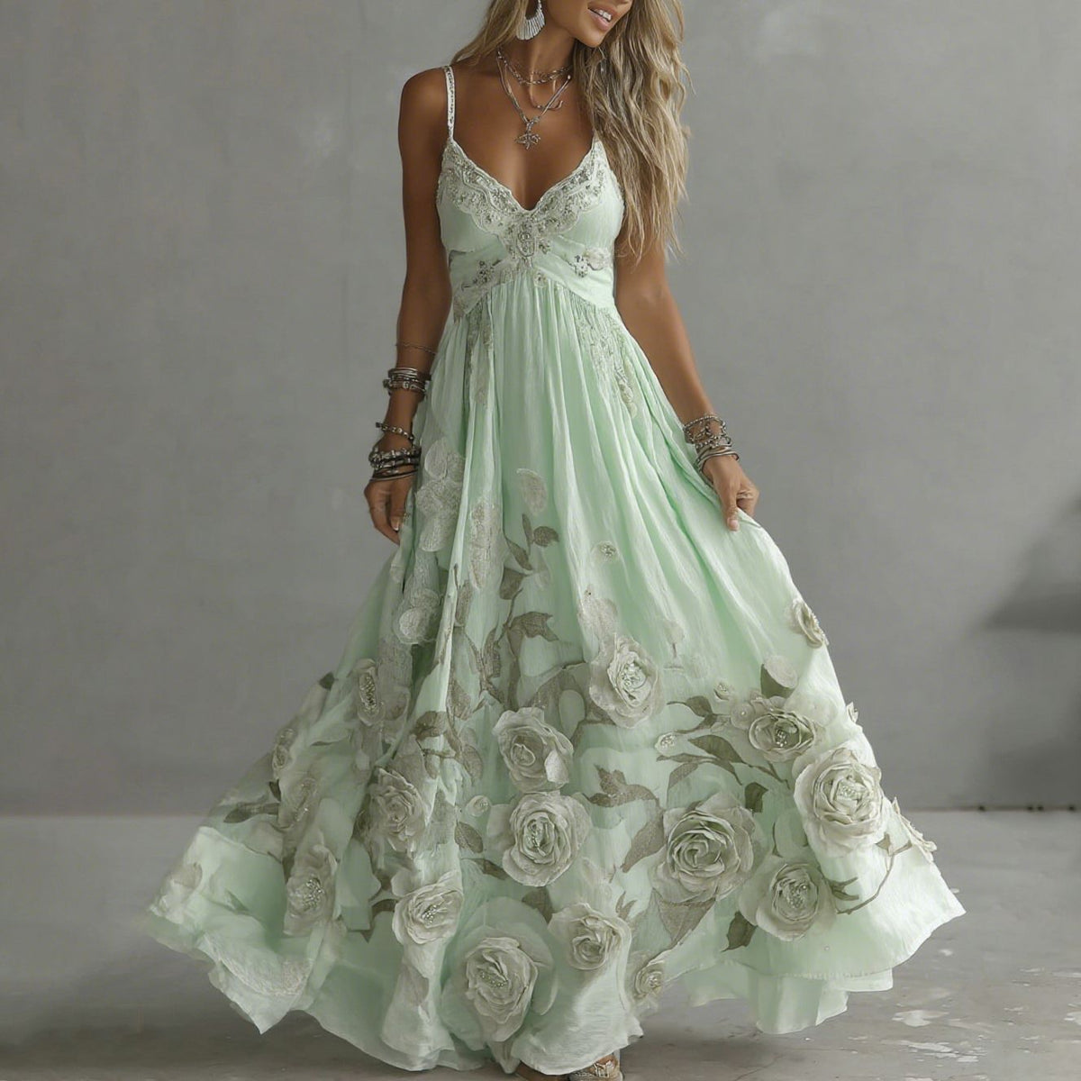 Rosalie Vintage Floral Embroidered Maxi Dress – Fitted Bodice Flowing A-Line Skirt – Green