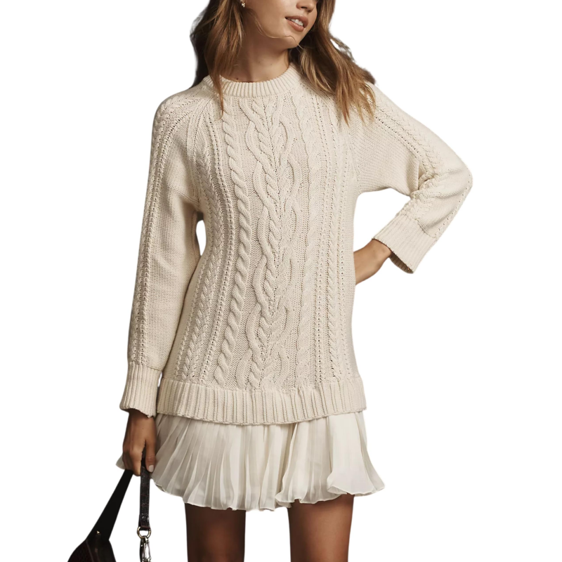 Rosalind Cable-Knit Sweater Dress – Crew Neck Pleated Hem Mini Apricot