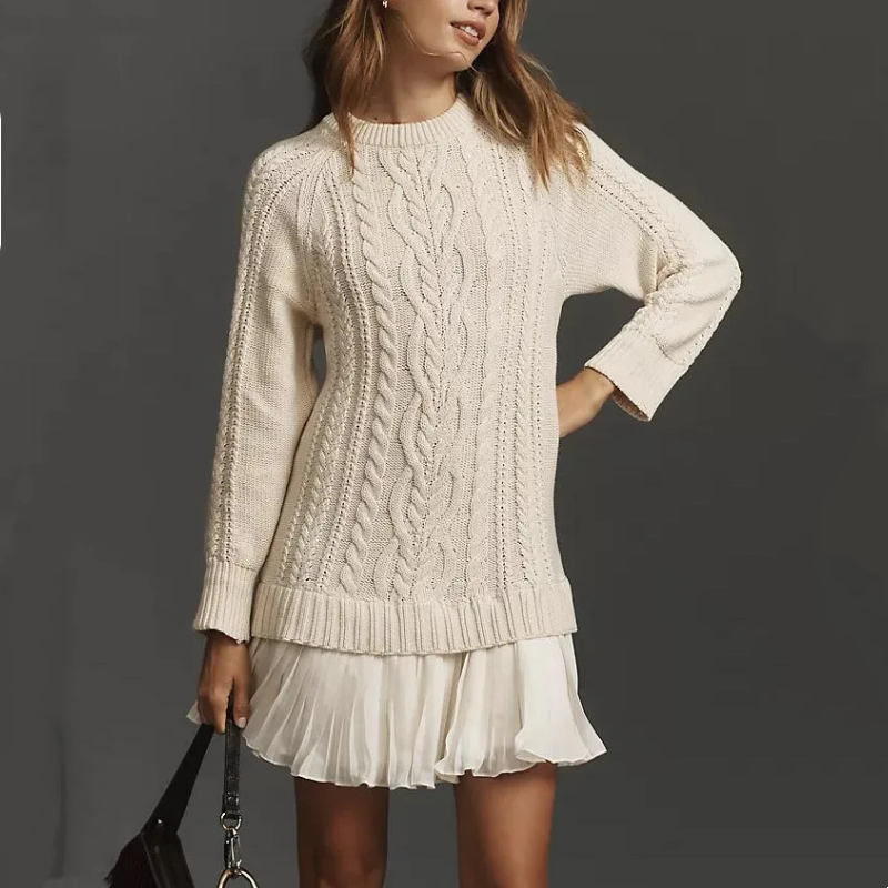 Rosalind Cable-Knit Sweater Dress – Crew Neck Pleated Hem Mini Apricot
