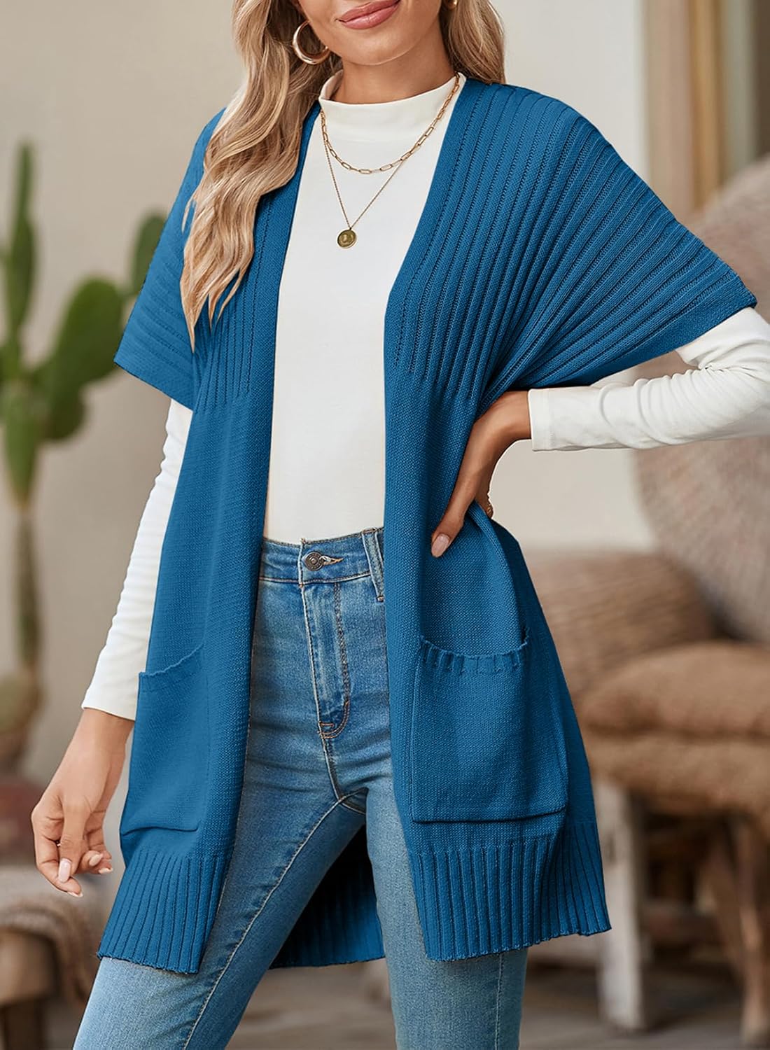 Rosalind Pleated Short Sleeve Knit Cardigan Blue