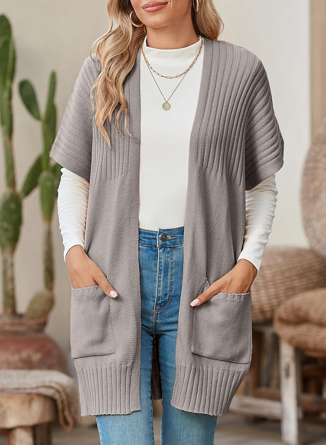 Rosalind Pleated Short Sleeve Knit Cardigan Grey