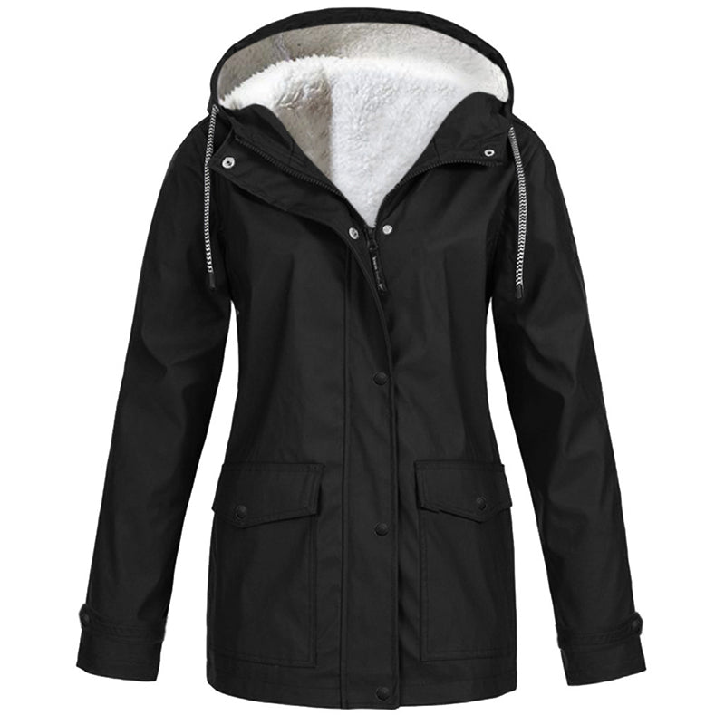 Rowena Hooded Parka Jacket – Plush-Lined Hood Snap Front Flap Pockets – Black