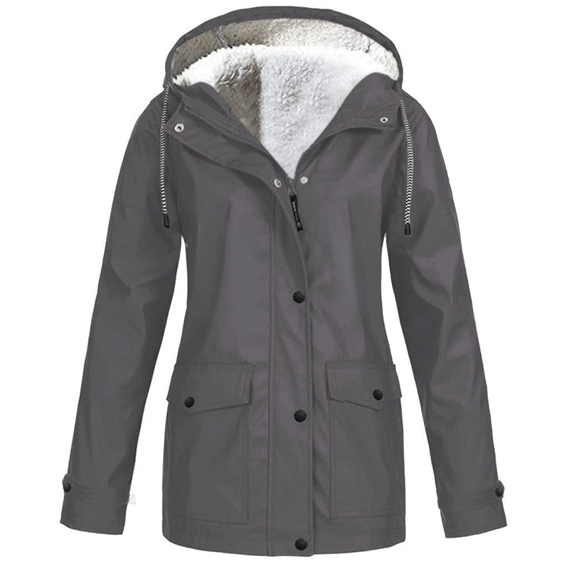 Rowena Hooded Parka Jacket – Plush-Lined Hood Snap Front Flap Pockets – Grey