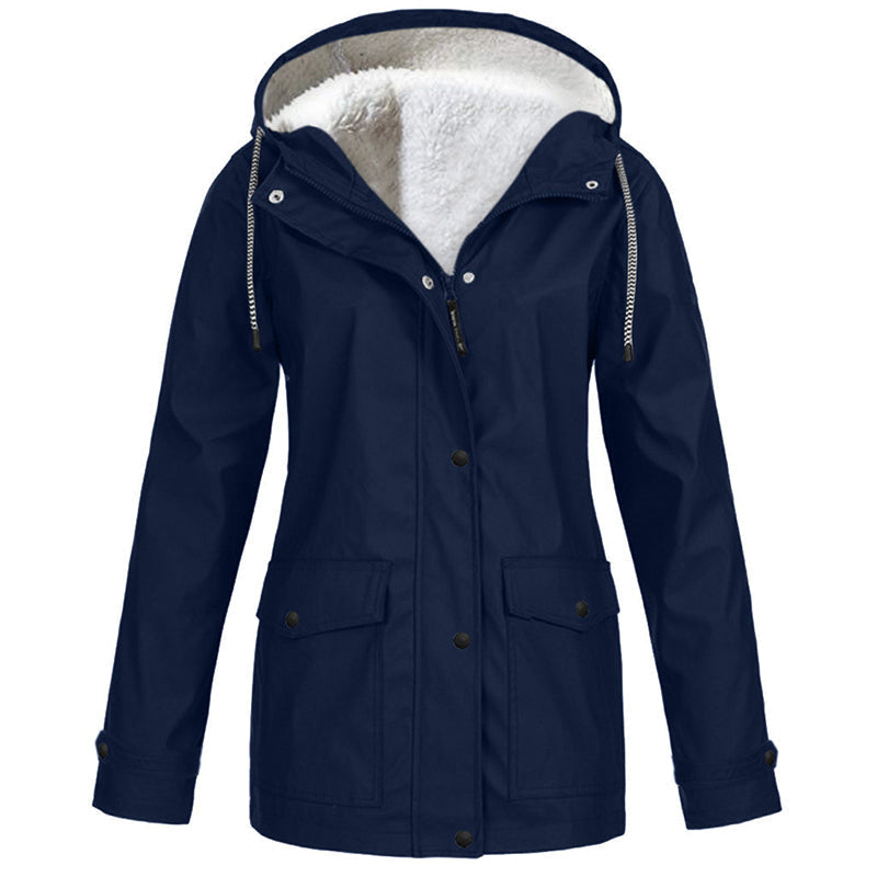 Rowena Hooded Parka Jacket – Plush-Lined Hood Snap Front Flap Pockets – Navy