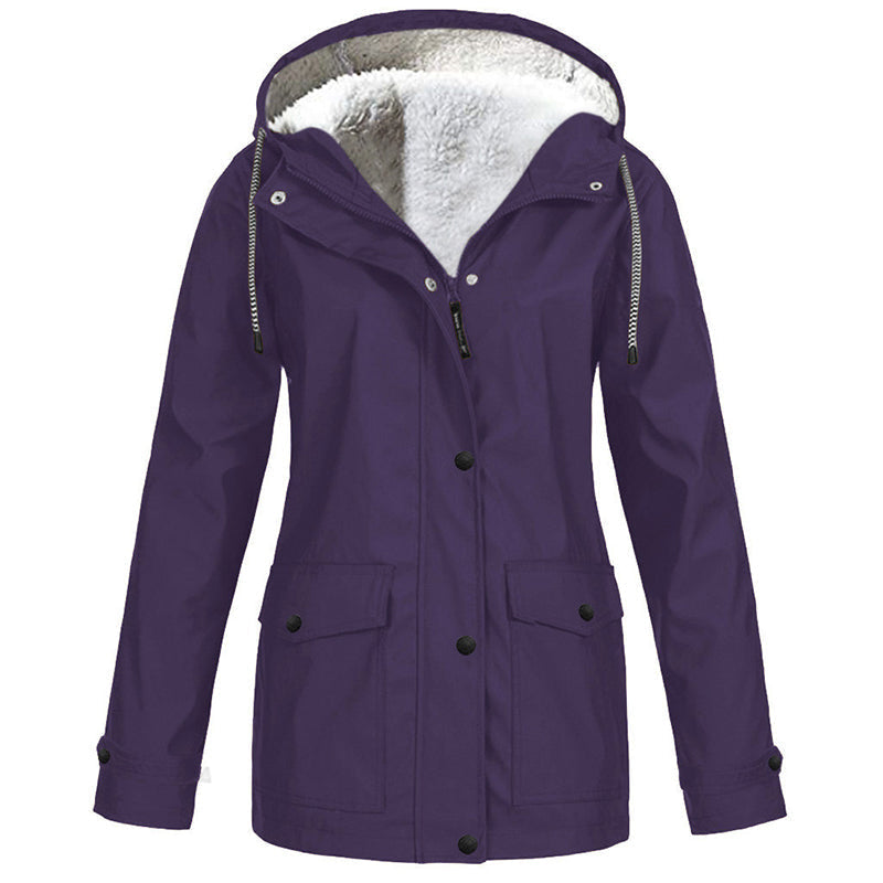 Rowena Hooded Parka Jacket – Plush-Lined Hood Snap Front Flap Pockets – Purple