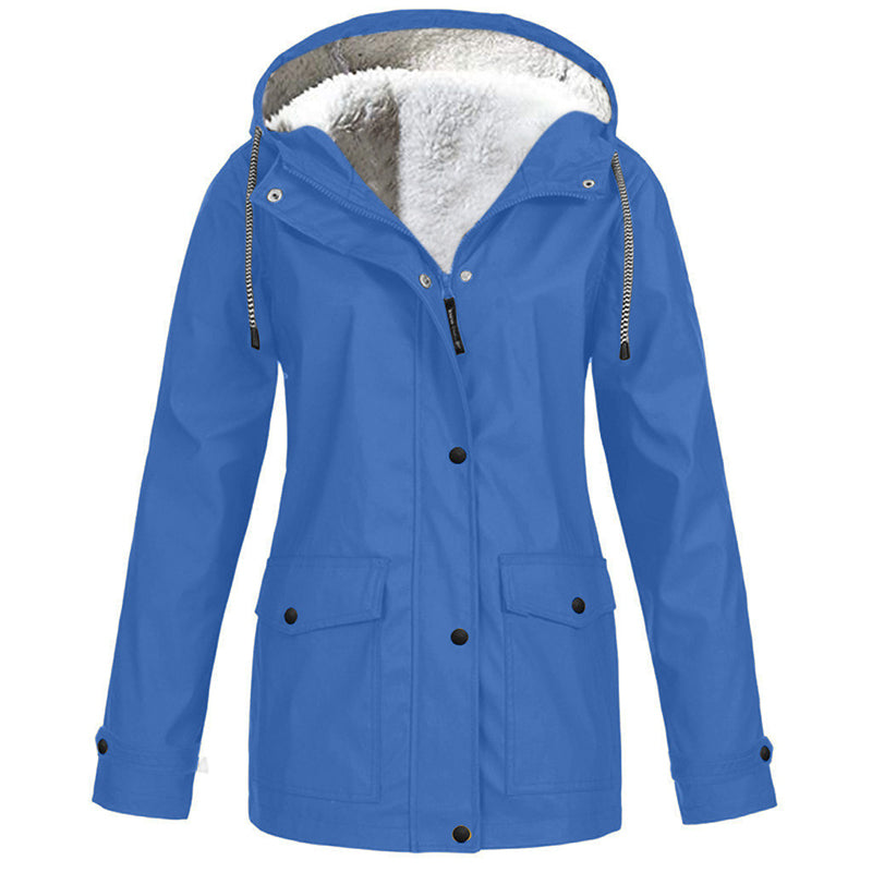 Rowena Hooded Parka Jacket – Plush-Lined Hood Snap Front Flap Pockets – Sky Blue