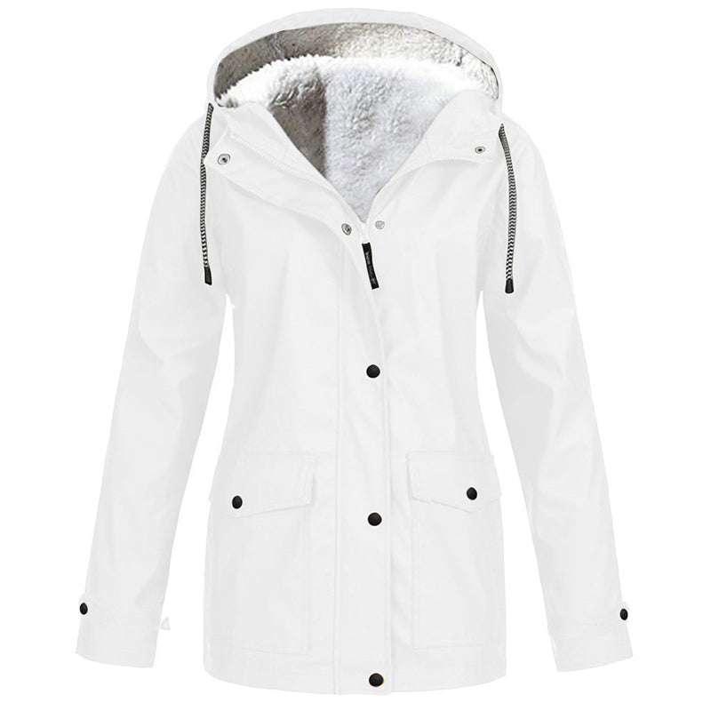 Rowena Hooded Parka Jacket – Plush-Lined Hood Snap Front Flap Pockets – White