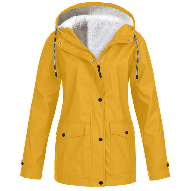 Rowena Hooded Parka Jacket – Plush-Lined Hood Snap Front Flap Pockets – Yellow