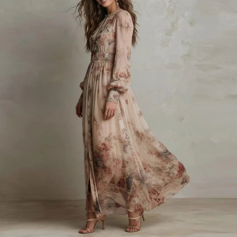 Saffira Vintage Floral Maxi Dress – Beige