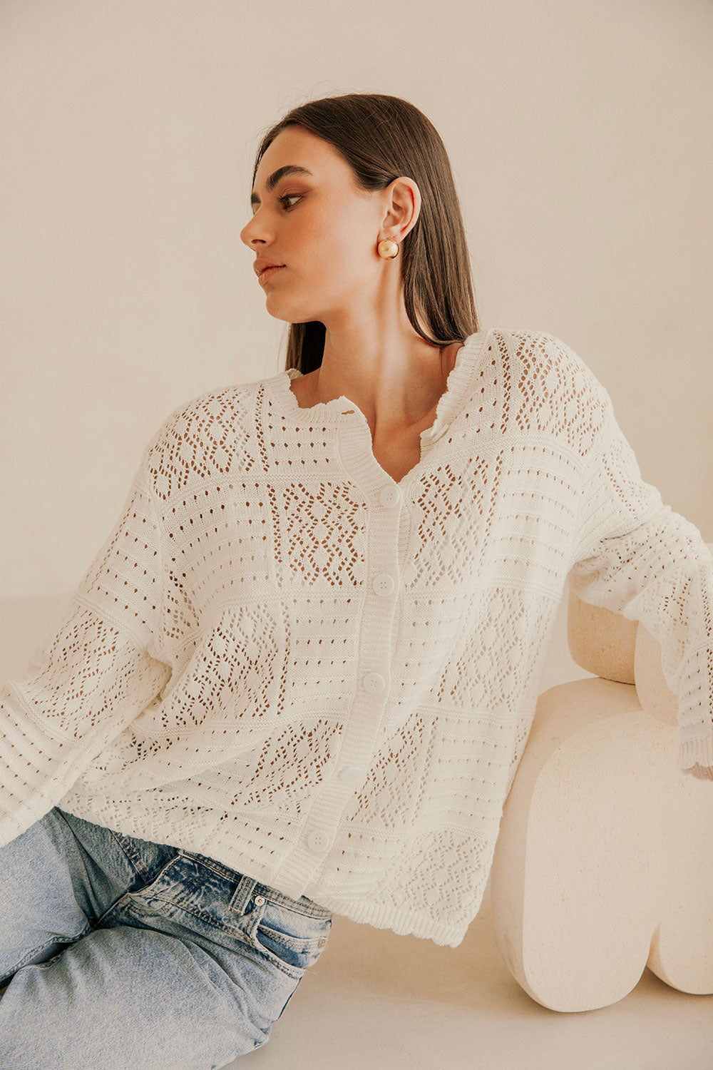 Saffron Crochet Knit Cardigan Top – White