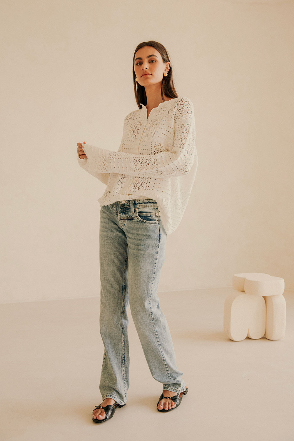 Saffron Crochet Knit Cardigan Top – White