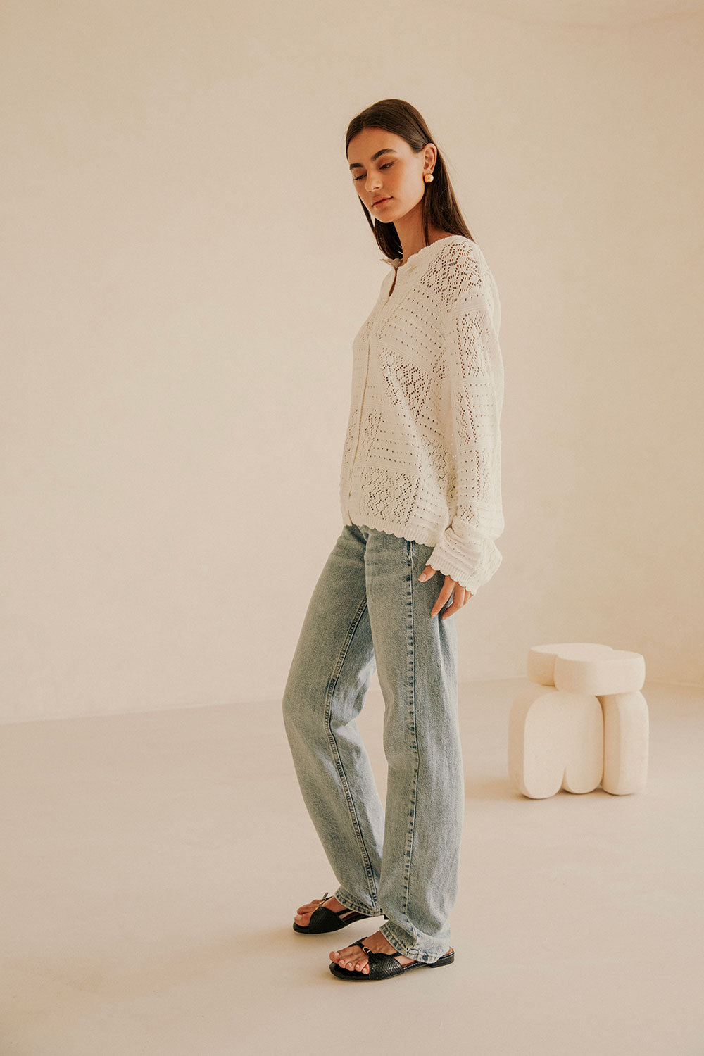 Saffron Crochet Knit Cardigan Top – White