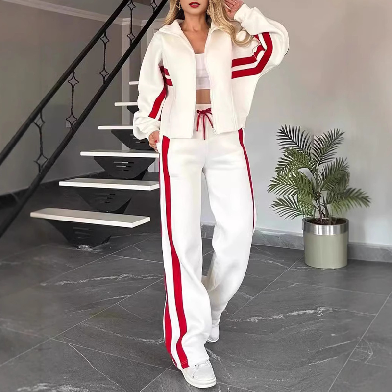Saskia Striped Sporty Two-Piece Set – Matching Athleisure Co-ord Outfit – White