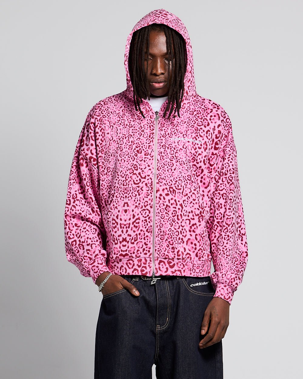 Saskia Leopard Print Zip Hoodie – Boxy Fit Kangaroo Pocket Hooded Sweatshirt – Pink