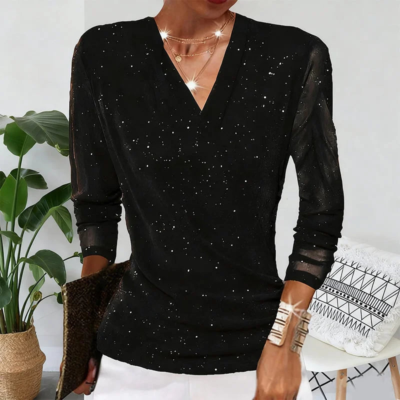 Serafina V-Neck Draped Blouse – Subtle Sheen Long Sleeve Elegant Top – Black