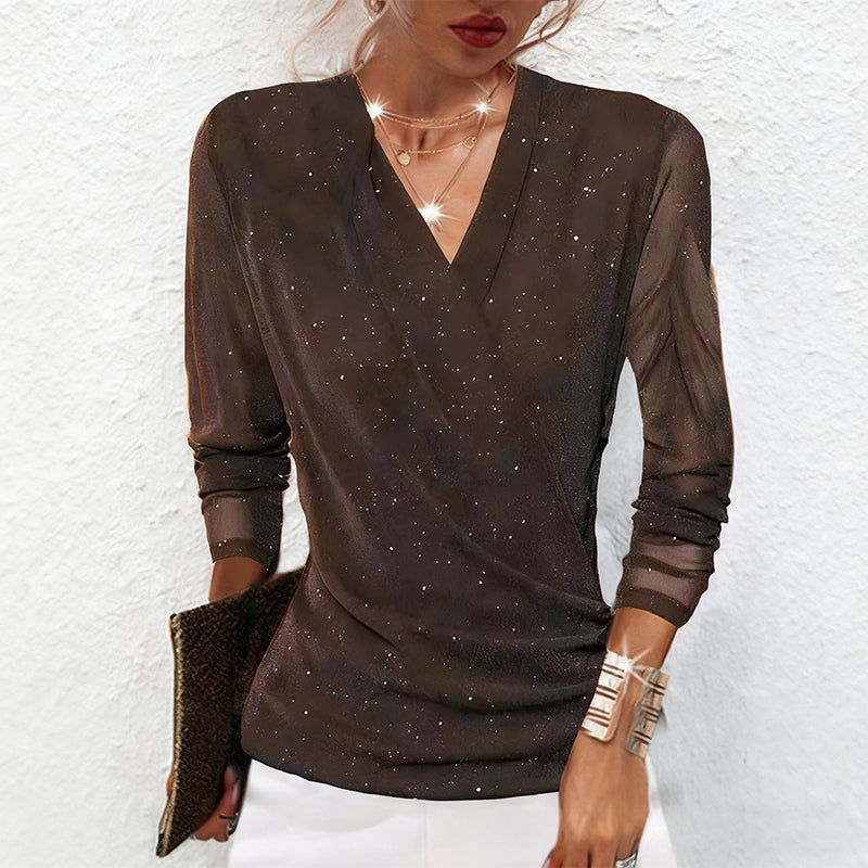 Serafina V-Neck Draped Blouse – Subtle Sheen Long Sleeve Elegant Top – Coffee