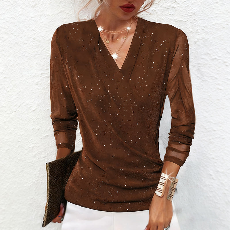 Serafina V-Neck Draped Blouse – Subtle Sheen Long Sleeve Elegant Top – Khaki