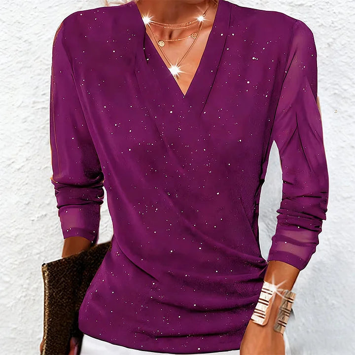 Serafina V-Neck Draped Blouse – Subtle Sheen Long Sleeve Elegant Top – Purple