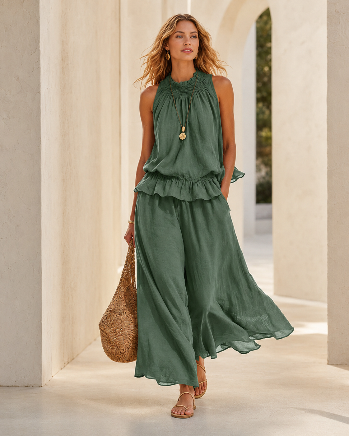 Seraphina Two-Piece Set – Sleeveless Ruffle Top and Wide-Leg Trousers - Army Green