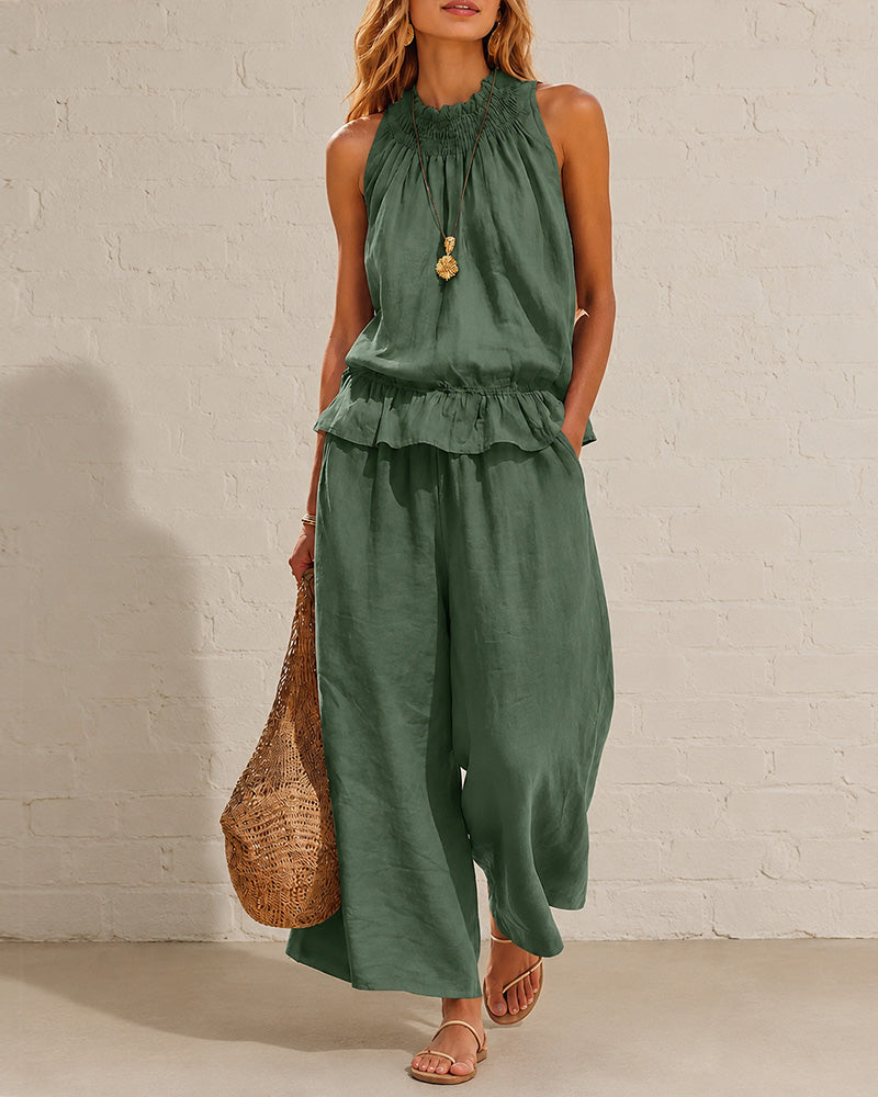 Seraphina Two-Piece Set – Sleeveless Ruffle Top and Wide-Leg Trousers - Army Green