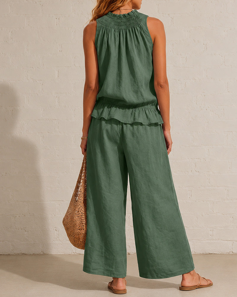 Seraphina Two-Piece Set – Sleeveless Ruffle Top and Wide-Leg Trousers - Army Green