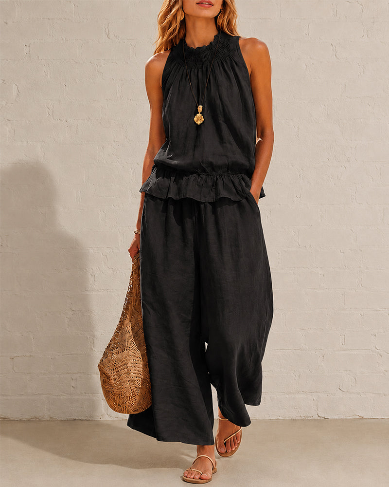 Seraphina Two-Piece Set – Sleeveless Ruffle Top and Wide-Leg Trousers - Black